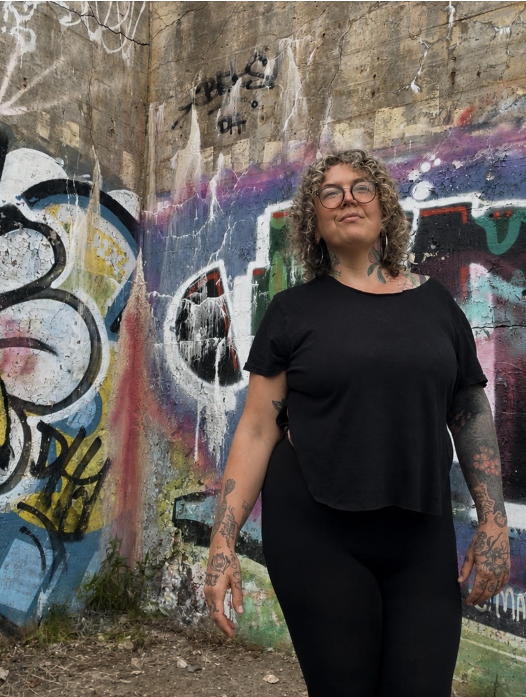 Sue, Registered Massage Therapist, standing in front of a colourful graffiti wall